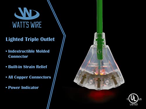 15 Ft - 14 Gauge Heavy Duty 3-Outlet Lighted Sjtw Indoor/Outdoor Green Extension Cord By Watt's Wire - 15' 14-Gauge Grounded 15-Amp Power-Cord (15 Foot 14-Awg Green) #TOP3