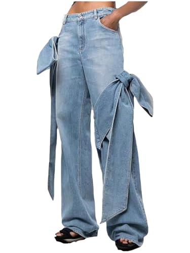 HuiSiFang Women's Straight Leg Jeans Boyfriend Casual Bow Jeans High Waisted Button Front Trendy Denim Pants