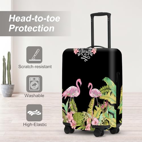 Image of Tropical Flamingo Luggage Cover, Washable Suitcase Protector with Palm Leaves Print Anti-scratch Durable for 24 inch,26 inch Bag