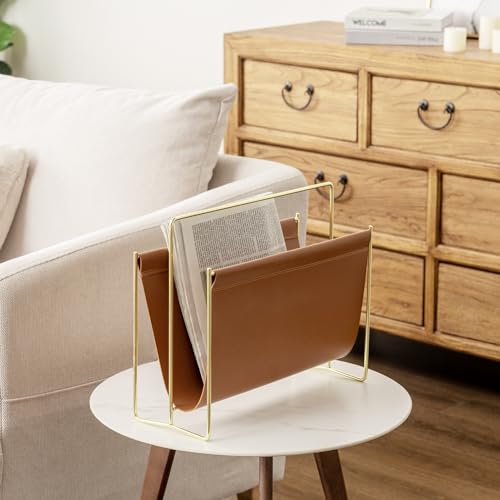 Mygift HOM2482BAS-DL 15 Inch Modern Caramel Leatherette Magazine Holder thumb #6