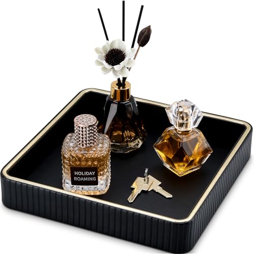 GORESE Bandeja de Valet,Bandeja para Joyas Cuero Bandejas Decorativas para Hombre Bandejas de Mesa de Noche Organizador Escritorio para Llaves,Reloj,Gafas,Perfume,Joyería,Broche,Gemelos,Moneda(Negro)