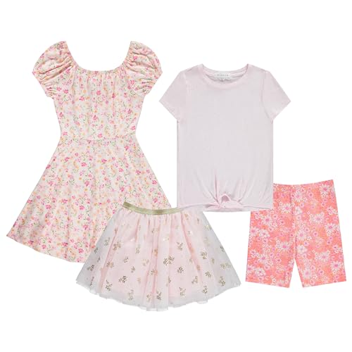 BTween Girls 4 Pack Dress Wardrobe Sleeveless Dress, T-Shirt, Shorts, Skirt Aqua, Flora, Laven, Pink Sizes 4/5 to 14-16