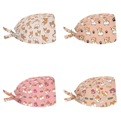 Yuuxorilu Cute Corgi Scrub Caps for Women Men Adjustable Working Cap with Sweatband Bouffant Tie Back Hat 4 Pack
