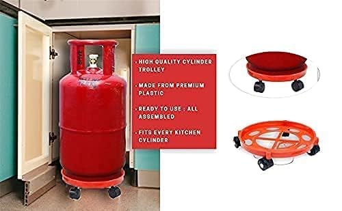 Image of Rincy Red Colour Plastic Gas Cylinder Trolley with Wheels Durable Gas Trolly LPG Cylinder Stand for Home and Kitchen -Red, 2 Piece