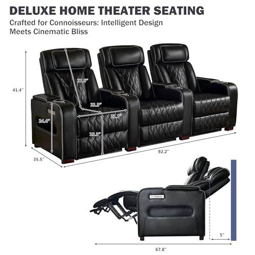 Image of GUEAPY Power Reclining Sofa Home Theater Seating with Adjustable Headrest, Breathable Leather Electric Recliner with LED Lighting, Cup Holders, USB Charging & Tray Table, Row of 5