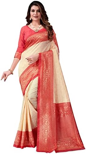 KNETLI Saree for Women Indian Traditional Lichi Silk Cream and Gold Color Champion Zari Saree for Women