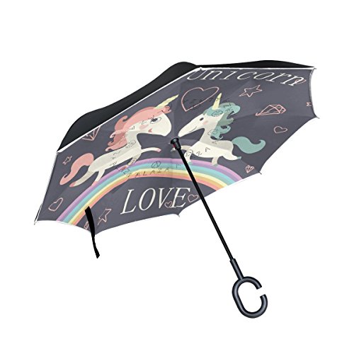 Preisvergleich Produktbild ISAOA Unisex, großer Regenschirm in Regenschirm windfest Double Layer, umgekehrt faltbarer Regenschirm für Auto Regen, Außenbereich, c-shaped Regenschirm mit zwei Unicorn, Schwarz, Schirm