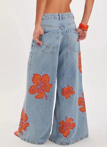 chouyatou Women's Retro Flare Wide Leg Jeans Floral Printed High Waist Palazzo Jean Trousers Denim Pants2