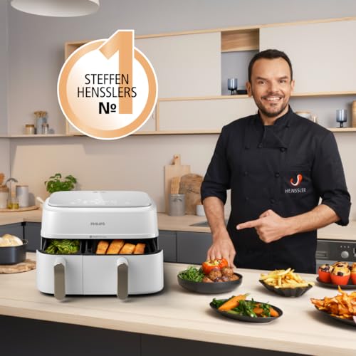 Philips Airfryer Dual Basket 3000 Series Heißluftfritteuse, 9L, 2 Körbe, 2 Gerichte gleichzeitig, RapidAir Plus Technologie, 90% weniger Fett, Energieeffizient, HomeID App, Weiß (NA353/10)