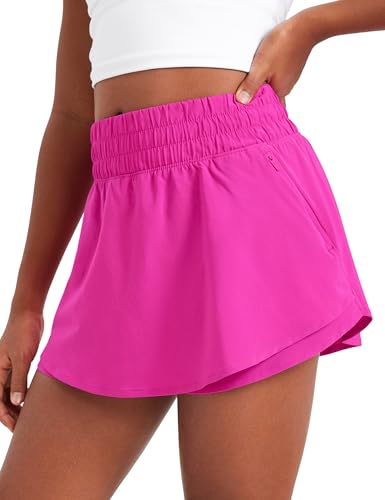 CRZ YOGA Girls Feathery-Fit Soft Skirty Athletic Shorts - Tennis Soccer Casual Flowy Ruffle Zip Pocket Liner Kids Teen Hibiscus Purple Large