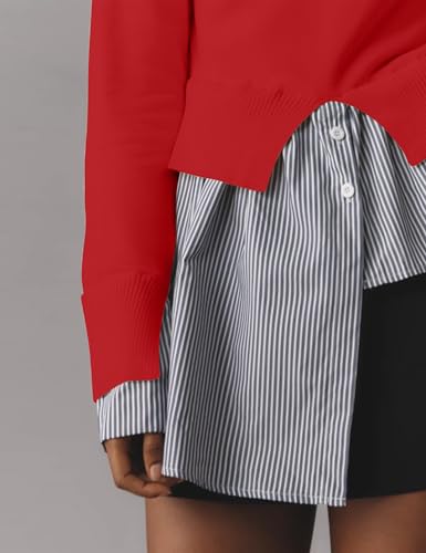 Women Asymmetrical Patchwork Sweaters Lapel Collar 2 In 1 Sweater Slit Asymmetrical Hem Button Down Shirts Top2