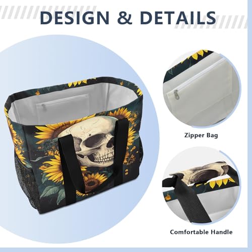 Large Waterproof Travel Tote Bag for Women Men, Floral Sunflower Skull Canvas Beach Bag with Lining & Pockets - Reusable Grocery/Laundry/Kitchen/Pool/Picnic Tote (15.4x9.8x12.8in)4