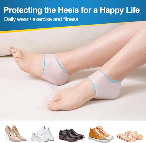 Image of UCRAVO Silicone Heel Protectors for Cracked Heels, Pain Relief & Foot Care -1 Pair Moisturizing Gel Heel Sleeves for Men & Women - Reusable Breathable Silicone Socks for Plantar Fasciitis & Dry Heels