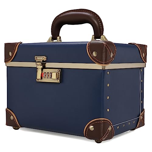 urecity Estojo de couro retrô portátil para maquiagem estojo organizador de cosméticos caixa de armazenamento de couro com trava de combinação (32 cm, azul retrô)