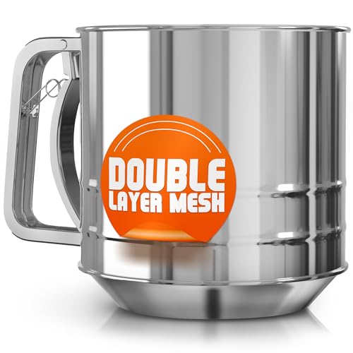 Image of 5 Cup Flour Sifter for Baking – Flour Sifter Stainless Steel (5.1" x 5.1") with Double Mesh – One-Hand Operation, Designed for Quick & Easy Sifting