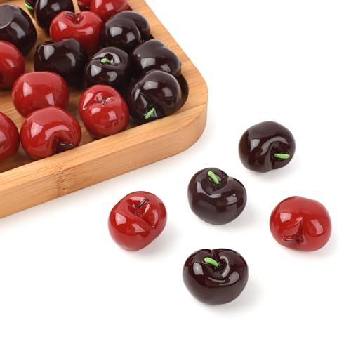 Hanycon 20PCS Mini Cherry Artificial Cherry Fake Cherries Resin Cherry Faux Fruit Model for Home Kitchen Party Photography Party Decoration (Red and Black)
