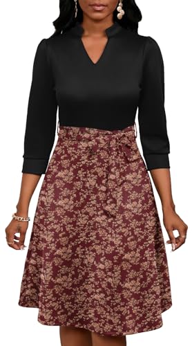 Image of PerZeal Women's Casual Flowy A-Line Midi Dress Flared V-Neck Colorblock Print for Wedding Guest 3 /4 Sleeve Dress with Belt