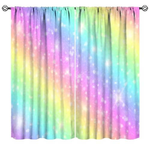 JanJCurt Rainbow Curtains, Tie Dye Pastel Colorful Sky Stars Cartoon Window Drapes for Sweet Princess Glitter Girly Bedroom Living Room, 84