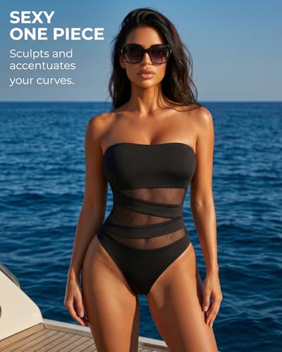 Image of Holipick Women Sexy One Piece Swimsuit Strapless Bathing Suits | Bandeau Neckline, Mesh Cutout Design, Push Up Removable Pads, High Cut, Removable Straps, Pool Beach Cruise Resort
