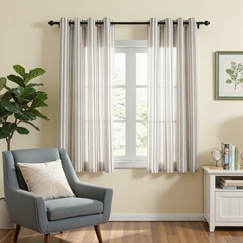 Image of MYSKY HOME Striped Curtains 63 Inches Long 63 Inches Long Linen Blended Black Ticking Stripe Pinstripe Curtains for Bedroom Patterned Light Filtering Drapes, Grommet, 2 Panels, 52 inch Wide
