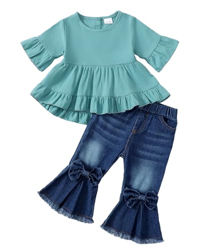 Image of Kucnuzki Toddler Baby Girls Clothes Long Sleeve Shirt Top Flare Denim Jeans Cute Outfit Baby Girl Fall Winter Clothes