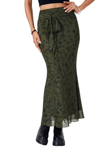 Rooscier Women's Floral Print Mesh Long Skirt High Waist Tie Fishtail Bodycon Maxi Skirts