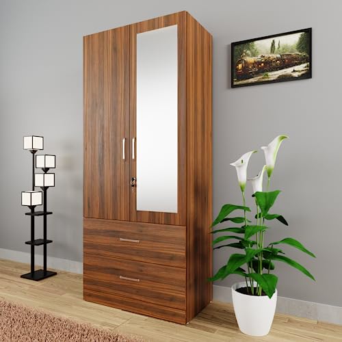 Image of VIKI Wardrobe | Wooden Almirah for Clothes,Door for Bedroom, 2 Door Wardrobe with Drawer, Mirror & Hanging Space (Brussel Walnut - 40D x 80W x 180H) | 1 Year Warranty | Free Assembly