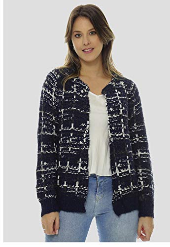 Casaco Aberto Xadrez Azul Marinho e Branco Sob com Lurex