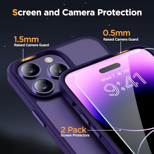 Image of Miracase Magnetic for iPhone 14 Pro Max Case 6.7 inch (Compatible with MagSafe)(with 2X Screen Protectors) Military-Grade Protection, Anti-Fingerprint Translucent Matte Phone Case Cover, Dark Purple