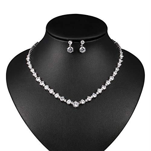 WeimanJewelry Silver/Gold Plated Women Cubic Zirconia Round Cut CZ Bridal Necklace and Drop Earring Set for Bride Wedding (Silver)3