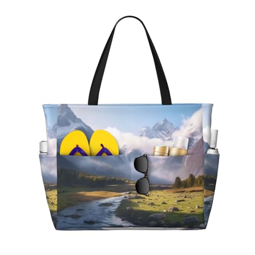 (Travel Mountain Scenery) Large Beach Tote Bag For Women With Zipper Foldable Lightweight Travel Pool Bag For Vacation Shopping
