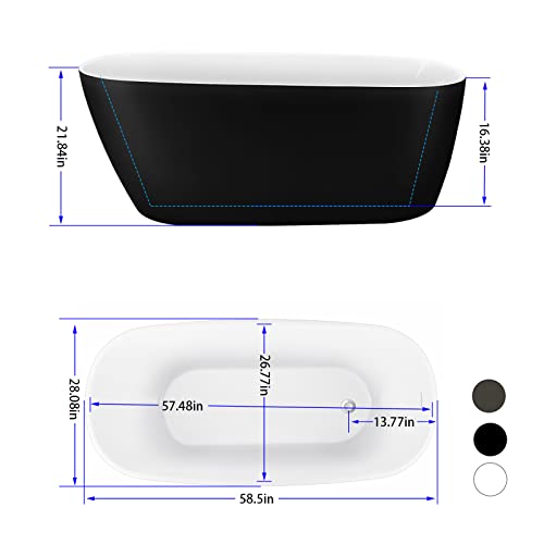 Image of 59 inch Acrylic Freestanding Bathtub, Single Slipper Free Standing Tub, Soaking Tub with Integrated Slotted Overflow, Toe-Tap Chrome Drain, cUPC Certified, Matte Black