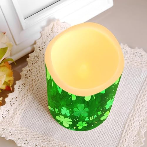 Image of Saint Patrick's Day Green Leaf Plastic Flameless Candles with Remote Control and Timer LED Flickering Battery Operated Color Changing Electric Pillar Candles St. Patrick's Day Decoration