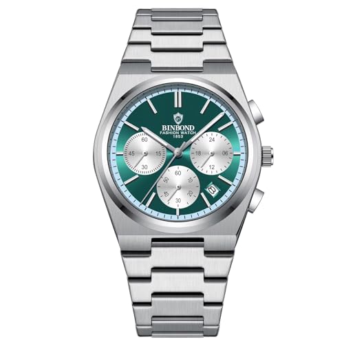 W WOLF-CUB Relojes de lujo para hombre, de cuarzo, 3 bares, impermeable, luminoso, de acero inoxidable, cronógrafo, deportivo, con caja de regalo, plateadoYverde