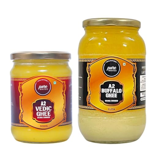 Image of Pure Whites Combo Pack of Desi Buffalo Ghee, 1000ml and Gir Cow Ghee (500ml) | Better Digestion & Immunity Booster | Homemade Organic and Fresh Ghee | Prepared Using Traditional Method