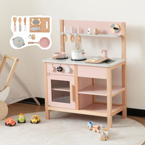 SOFTSEA おままごと キッチン 木製 調理器具付き 収納 ままごとセット 音出る 台所 知育玩具 子供用 子供 まねっこ コンロ ミニキッチン おもちゃキッチン 誕生日 (ピンク)