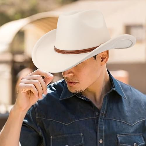 Image of DRESHOW Cowboy Hat for Women and Men Wide Brim Western Cowboy Cowgirl Hat with Belt Buckle Unisex Rolled up Caps