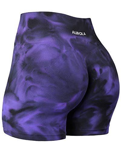 AUROLA Dream Tie Dye - Pantalones Cortos de Entrenamiento para Mujer, sin Costuras, Suaves y Activos, Tie Dye Morado-Negro, S
