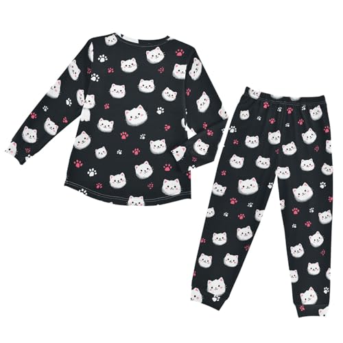 Long Sleeve Pajama Set for Girls Boys Kids,Cute White Cats Pattern Comfy Nightwear Soft Loungewear,Family Matching PJs Underwear Set 4T2