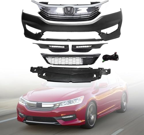 Accord Front Bumper Cover Kit Compatible With 2016 2017 Hon-da Accord EX LX Sport Touring Sedan 2.4L 3.5L 2.0L 4-Door W/Upper Grille Lower Grill & Fog Lights (U.S. Version)