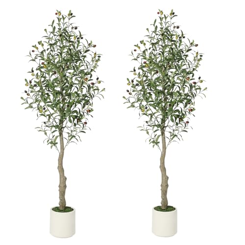 Artificial Olive Tree 5FT Tall Faux Olive Tree Indoor Fake Silk Plant with Realistic Trunk, Leaves, Fruits and White Planter, Faux Potted Tree for Home Decor and Housewarming Gift, 2 Pack