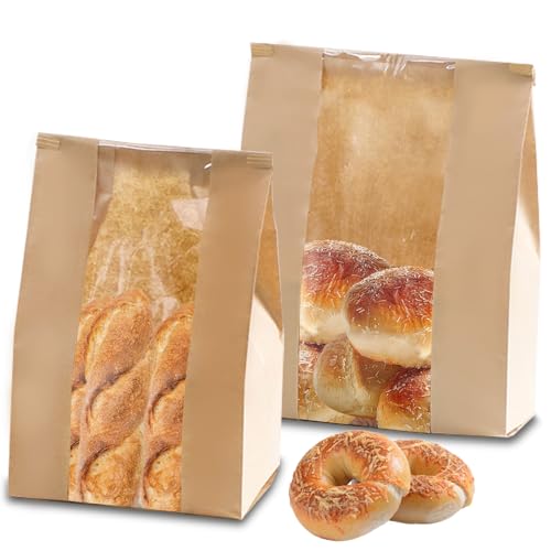 OT-NVWOZR 60 Stück Brottüten Papier, Braune Papiertüten kleine mit Fenster Lebensmittelechte Butterbrottüten, Kraftpapiertüten für Hausgemachtes Brot Süßigkeiten Geschenke(35x21cm,33x 16cm)