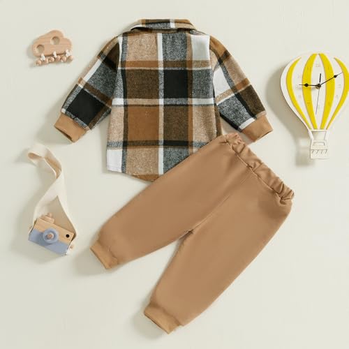Toddler Boys Fall Outfits Plaid Flannel Baby Boy Jacket Button Down Shirts Pants 2Pcs Festival Clothes Set4
