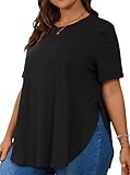 Hilinker Women's Plus Size Short Sleeve Tunic Tops Loose Fit Dressy Side Slit Tees Asymmetrical Hem T Shirts Black X-Large