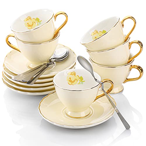 ZOOFOX Set of 6 Espresso Cups and Saucers, 3 oz Demitasse Cups with Gold Trim and Spoon, Small Tea Cup, Turkish Coffee Cup, Porcelain Espresso Cup