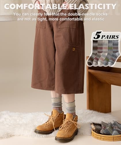 Image of IIG 3-5 Pairs Womens Vintage Cozy Crew Socks Soft Cute Neutral Cotton Socks Exquisite Patterns Socks Gift