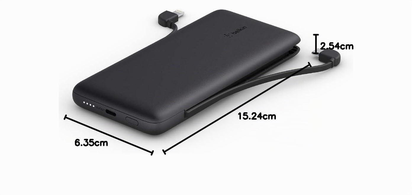 Belkin Batterie externe BOOSTCHARGE Plus 10K (10,000 mAh avec câbles Lightning et USB-C MFI intégrés, port de recharge USB-C, noir)