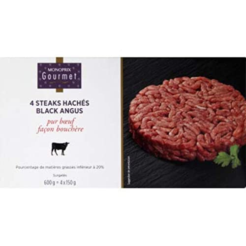 Monoprix Gourmet Steaks hachés Black Angus pur boeuf façon bouchère, surgelés - Les 4 steaks de 150g