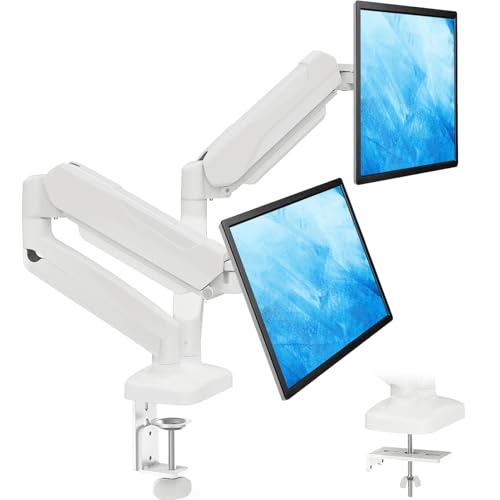 MOUNTUP Dual Monitor Stand for Desk, Pneumatic Monitor Arms for 2 Monitors Max 32 Inches, Height Adjustable Double Monitor Mount, VESA Mounts with C-Clamp & Grommet Base, Holds 4.4-17.6lbs, White