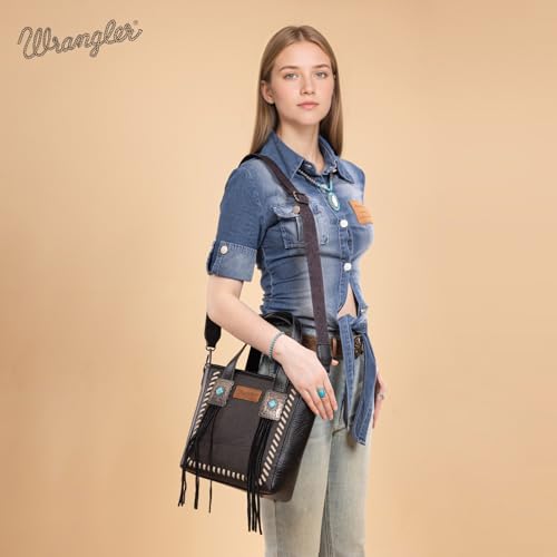 Image of Montana West Wrangler Cowhide Tote Bag for Women Western Tooling Handbag Leather Fringing with Turquoise Stone Concho